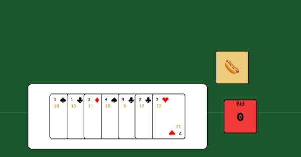 Hand of playing cards and a hot dog token